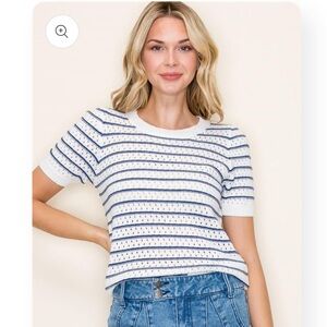 New Staccato Navy and White Striped Short Sleeve Knitted Crochet Top